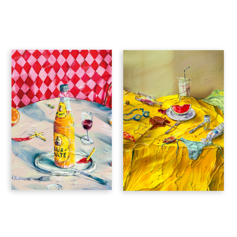Conjunto de dos cuadros decorativos sin marco de estilo colorido y abstracto, bodegón veraniego vibrante y desenfadado, modelo Two Combo - Messy Summer Indulgence