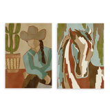 Conjunto de dos cuadros decorativos sin marco de estilo ilustración y animales, dúo western de cowgirl desértica y retrato de caballo, modelo Two Combo - Desert Cowgirl and Horse