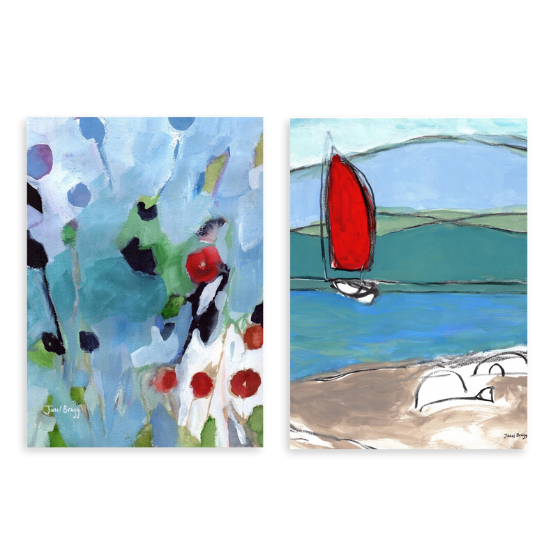 Conjunto de dos cuadros decorativos sin marco de estilo mar_y_playa y ilustración, díptico abstracto floral y marinero en tonos azules, modelo Two Combo - Vibrant Garden Serenity