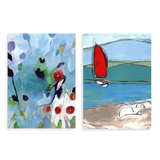 Conjunto de dos cuadros decorativos sin marco de estilo mar_y_playa y ilustración, díptico abstracto floral y marinero en tonos azules, modelo Two Combo - Vibrant Garden Serenity