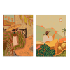 Conjunto de dos cuadros decorativos sin marco de estilo mar_y_playa y orgánico, dúo ilustrado tropical de mujer y paisaje frutal, modelo Two Combo - Farmer Guava