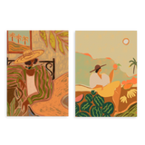 Conjunto de dos cuadros decorativos sin marco de estilo mar_y_playa y orgánico, dúo ilustrado tropical de mujer y paisaje frutal, modelo Two Combo - Farmer Guava