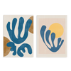 Set aus zwei dekorativen Wandbildern ohne Rahmen im minimalistischen und abstrakten Stil, Diptychon mit organischen Formen und Sonne, Modell Two Combo - Solar Embrace and Plant. Erhältlich auf kudeko.com