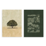 Conjunto de dos cuadros decorativos sin marco de estilo minimalista y orgánico, díptico botánico de encina y paisaje de cultivos, modelo Two Combo - Encina y cultivos