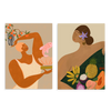 Conjunto de dos cuadros decorativos sin marco de estilo minimalista y orgánico, dúo de mujeres con peces y frutas tropicales, modelo Two Combo - Fish and Oranges