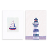 Conjunto de dos cuadros decorativos sin marco de estilo minimalista y sereno, dúo náutico de barco y faro en tonos azules, modelo Two combo - Reflejos azules