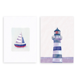 Conjunto de dos cuadros decorativos sin marco de estilo minimalista y sereno, dúo náutico de barco y faro en tonos azules, modelo Two combo - Reflejos azules