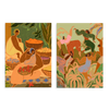 Conjunto de dos cuadros decorativos sin marco de estilo orgánico y abstracto, mujeres entre flores y naturaleza en tonos cálidos, modelo Two Combo - Flower Sisters