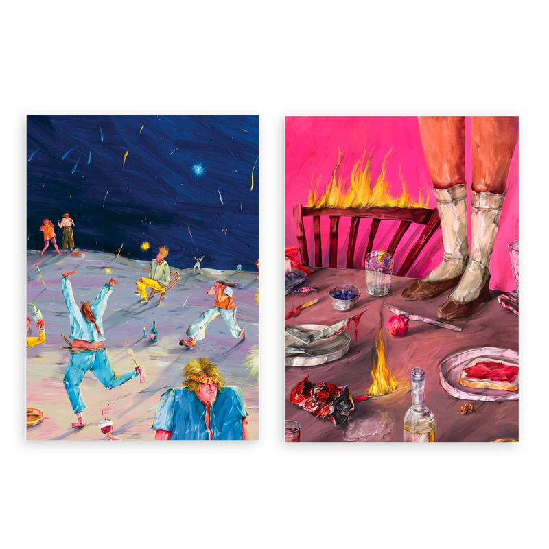 Conjunto de dos cuadros decorativos sin marco de estilo orgánico y abstracto, díptico surrealista de fiesta nocturna y mesa en llamas, modelo Two Combo - Starry Desert Party