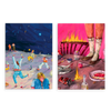 Conjunto de dos cuadros decorativos sin marco de estilo orgánico y abstracto, díptico surrealista de fiesta nocturna y mesa en llamas, modelo Two Combo - Starry Desert Party