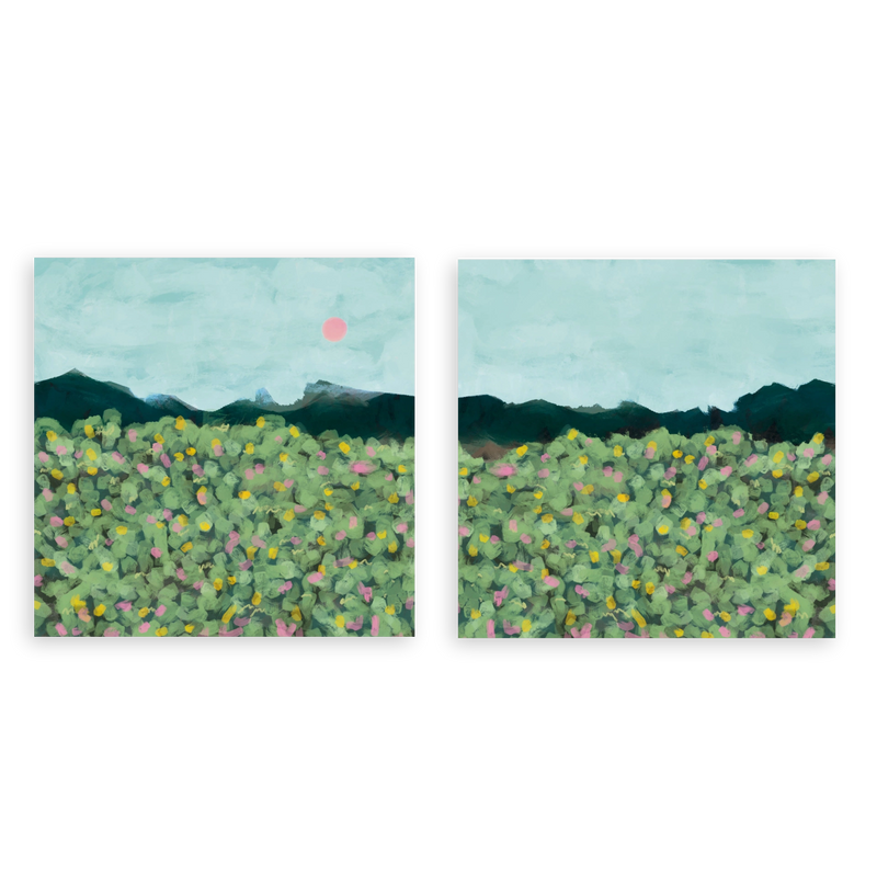 Conjunto de dos cuadros decorativos sin marco de estilo orgánico y tonos_pastel, paisaje floral sereno con montañas, modelo Two Combo - Sierra serena