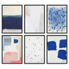 Set aus sechs gerahmten Wandbildern mit abstrakten Kompositionen in Blau, Off-White, Beige, zartem Rosa und kleinen grünen Akzenten, in einem zeitgenössischen organischen Stil. Erhältlich auf kudeko.com