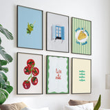 Conjunto de seis cuadros decorativos de estilo minimalista y nórdico, combo mediterráneo de verano con comida y gato, modelo Six combo - La vida en verano