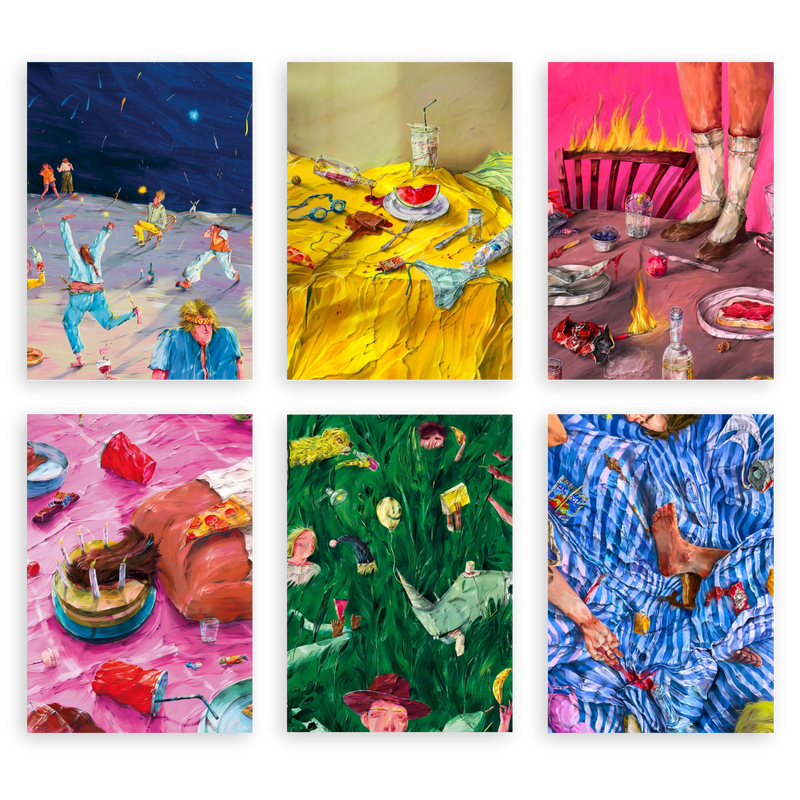 Conjunto de seis cuadros decorativos sin marco de estilo colorido y abstracto, escenas festivas surrealistas y coloridas, modelo Six Combo - Colorful Chaos