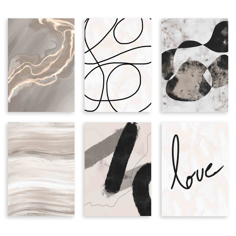 Conjunto de seis quadros com formas abstratas, linhas pretas, texturas em bege e cinzento taupe, composição moderna em tons neutros e detalhe tipográfico love, de estilo abstrato contemporâneo. Disponível em kudeko.com