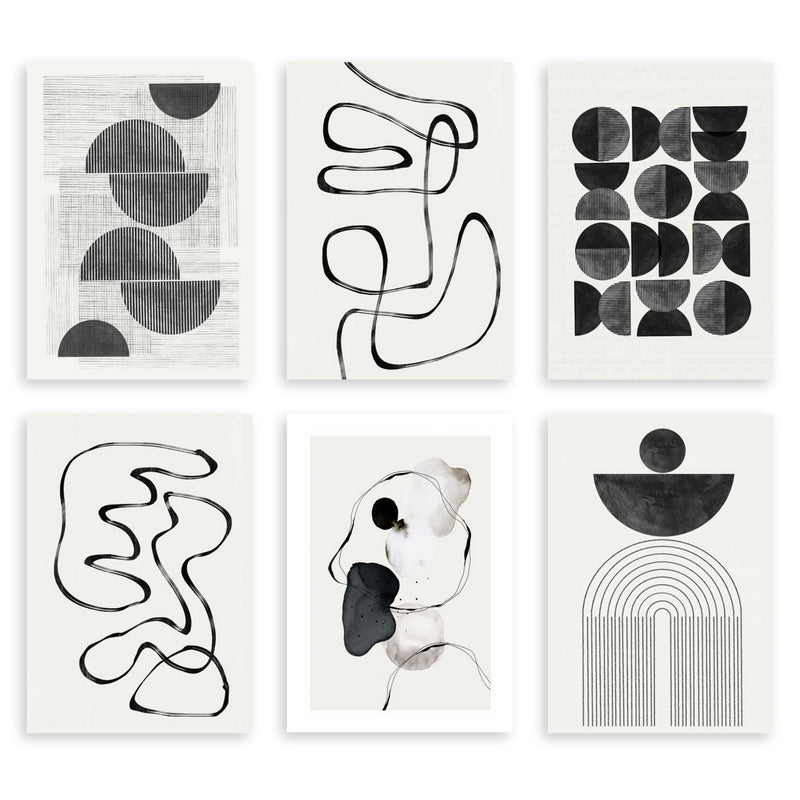 Set aus sechs Wandbildern mit abstrakten Formen in Schwarz, Grau und Weiß, fließenden Linien, Bögen, Kreisen und geometrischen Kompositionen im minimalistischen zeitgenössischen Stil. Erhältlich auf kudeko.com