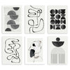 Set aus sechs Wandbildern mit abstrakten Formen in Schwarz, Grau und Weiß, fließenden Linien, Bögen, Kreisen und geometrischen Kompositionen im minimalistischen zeitgenössischen Stil. Erhältlich auf kudeko.com
