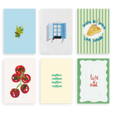 Conjunto de seis cuadros decorativos sin marco de estilo minimalista y nórdico, combo mediterráneo de verano con comida y gato, modelo Six combo - La vida en verano