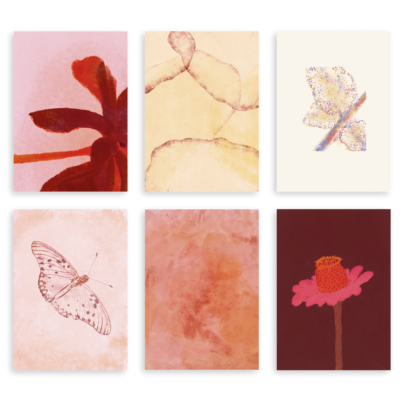 Conjunto de seis cuadros decorativos sin marco de estilo orgánico y abstracto, composición orgánica floral en tonos suaves, modelo Six Combo - Silencios Orgánicos