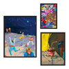Conjunto de tres cuadros decorativos con marco de estilo colorido y minimalista, escenas coloridas de caos cotidiano y fiesta nocturna, modelo Mural I - Colorful and Messy