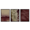 Conjunto de tres cuadros decorativos con marco de estilo minimalista y orgánico, composición abstracta en tonos otoñales burdeos, modelo Three Combo - Horizonte de Otoño