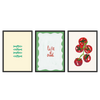 Conjunto de tres cuadros decorativos con marco de estilo minimalista y orgánico, tríptico gastronómico con sardinas, tomates y frase positiva, modelo Three combo - Life is good