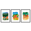 Conjunto de tres cuadros decorativos con marco de estilo orgánico y colorido, tríptico abstracto de campo de amapolas, modelo Three Combo - Campo de amapolas