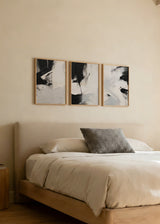 Conjunto de tres cuadros decorativos de estilo minimalista y blanco_y_negro, tríptico abstracto de brochazos en blanco y negro, modelo Three Combo - Brochazos Artísticos