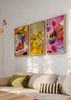 Conjunto de tres cuadros decorativos de estilo minimalista y orgánico, bodegones pop de fiesta y exceso cotidiano, modelo Three Combo - Birthday Indulgence Nap