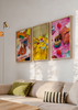 Conjunto de tres cuadros decorativos de estilo minimalista y orgánico, bodegones pop de fiesta y exceso cotidiano, modelo Three Combo - Birthday Indulgence Nap