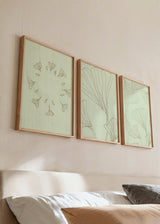 Set aus drei Wandbildern mit Ginkgoblättern in feiner Linienzeichnung, hellgrünem Hintergrund, ausgewogener botanischer Komposition und floralem, nordischem Stil. Erhältlich auf kudeko.com