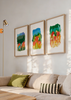 Conjunto de tres cuadros decorativos de estilo orgánico y colorido, tríptico abstracto de campo de amapolas, modelo Three Combo - Campo de amapolas