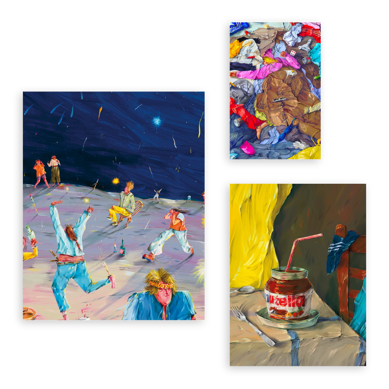 Conjunto de tres cuadros decorativos sin marco de estilo colorido y minimalista, escenas coloridas de caos cotidiano y fiesta nocturna, modelo Mural I - Colorful and Messy