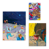 Conjunto de tres cuadros decorativos sin marco de estilo colorido y minimalista, escenas coloridas de caos cotidiano y fiesta nocturna, modelo Mural I - Colorful and Messy