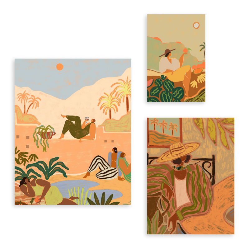 Set aus drei dekorativen Wandbildern ohne Rahmen in Meer-und-Strand-Optik und organischem Stil, mit tropischen und femininen Sommerszenen, Modell Mural I - Farmer Guava. Erhältlich auf kudeko.com