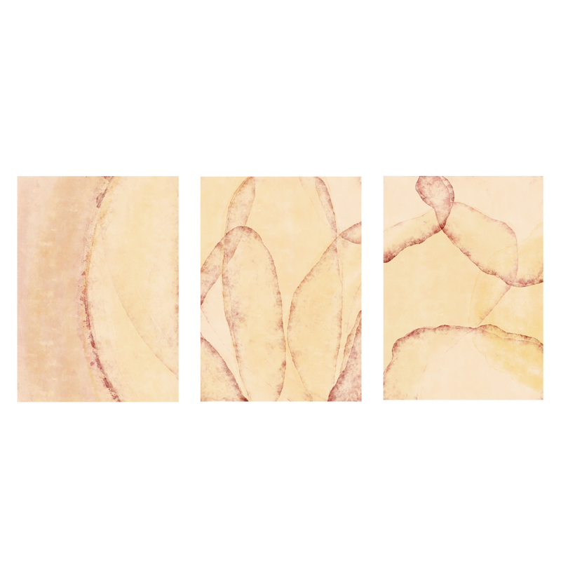 Conjunto de três quadros decorativos sem moldura de estilo minimalista e bege, composição abstrata de folhas suaves em tons quentes, modelo Three Combo - Hojas de Luz. Disponível em kudeko.com