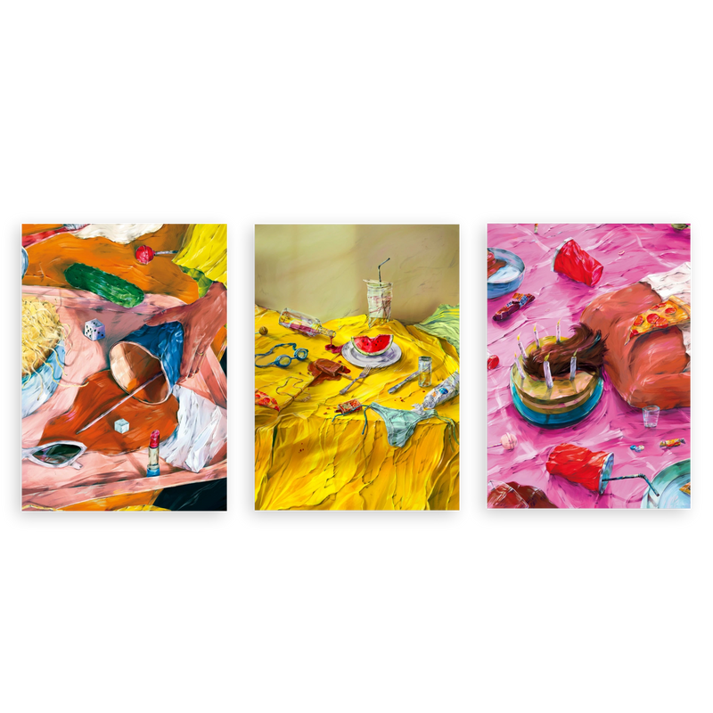 Conjunto de tres cuadros decorativos sin marco de estilo minimalista y orgánico, bodegones pop de fiesta y exceso cotidiano, modelo Three Combo - Birthday Indulgence Nap