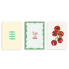 Conjunto de tres cuadros decorativos sin marco de estilo minimalista y orgánico, tríptico gastronómico con sardinas, tomates y frase positiva, modelo Three combo - Life is good