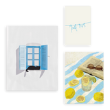 Conjunto de tres cuadros decorativos sin marco de estilo minimalista y sereno, mural veraniego con gato en la ventana, modelo Mural I - Un gato en la ventana