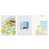 Conjunto de tres cuadros decorativos sin marco de estilo minimalista y sereno, tríptico veraniego de limones, ventana azul y gato, modelo Three combo - El color del verano