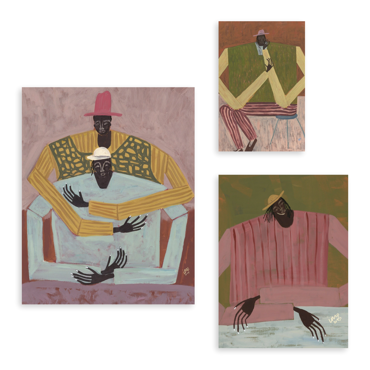 Conjunto de três quadros decorativos sem moldura de estilo orgânico e abstrato, figuras abraçadas numa composição contemporânea, modelo Mural I - The Hug. Disponível em kudeko.com