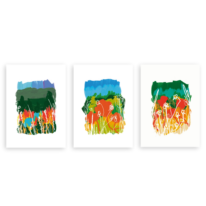 Conjunto de tres cuadros decorativos sin marco de estilo orgánico y colorido, tríptico abstracto de campo de amapolas, modelo Three Combo - Campo de amapolas