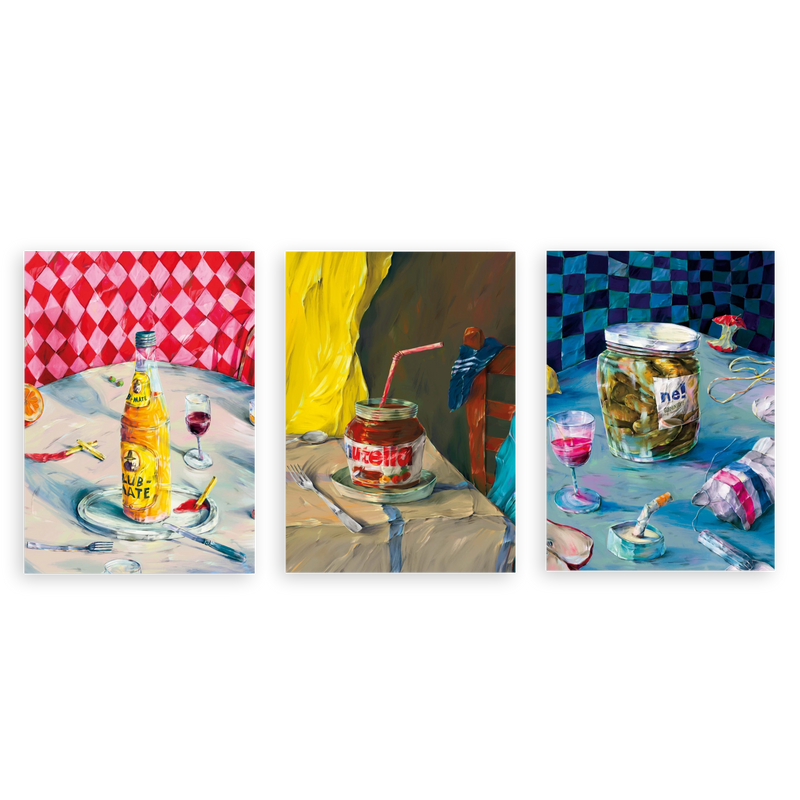 Conjunto de tres cuadros decorativos sin marco de estilo orgánico y colorido, bodegones modernos de mesa con alimentos y bebidas, modelo Three Combo - Indulgent Chocolate Moment
