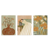 Set aus drei Wandbildern ohne Rahmen im organischen Illustrationsstil, botanisches Trio mit Frau und Blumen in Terrakotta-Tönen, Modell Three Combo - Woman Admiring Flowers. Erhältlich auf kudeko.com