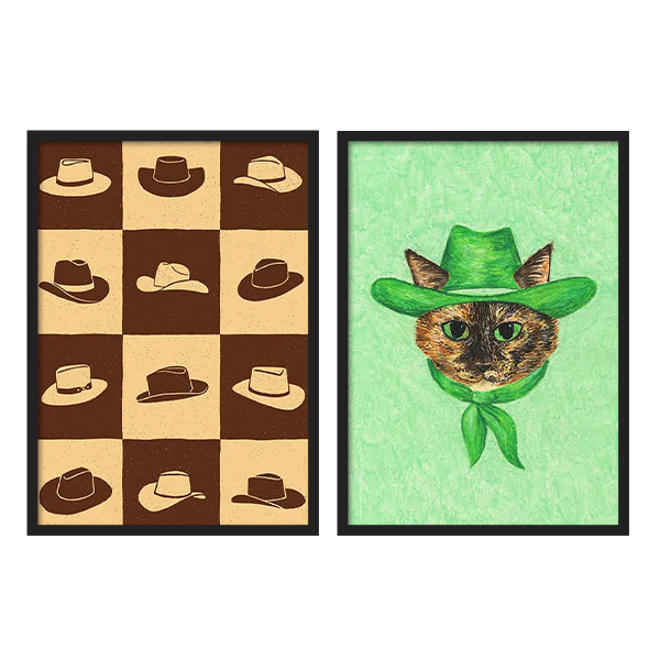 Conjunto de dos cuadros ilustrativos de sombreros y gato con sombrero. kudeko.com
