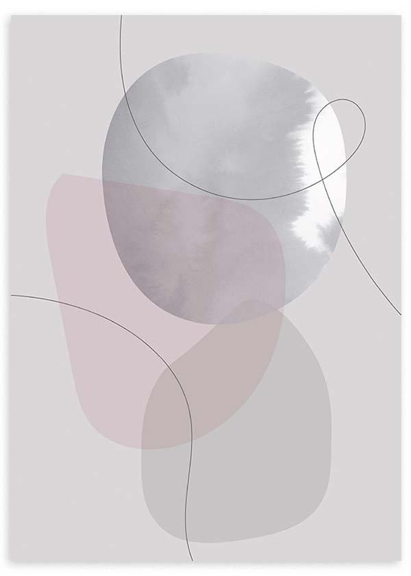 Tableau avec formes organiques superposées en gris perle, rose poudré et beige doux, fines lignes courbes, style abstrait sur fond clair et cadre décoratif. Disponible sur kudeko.com