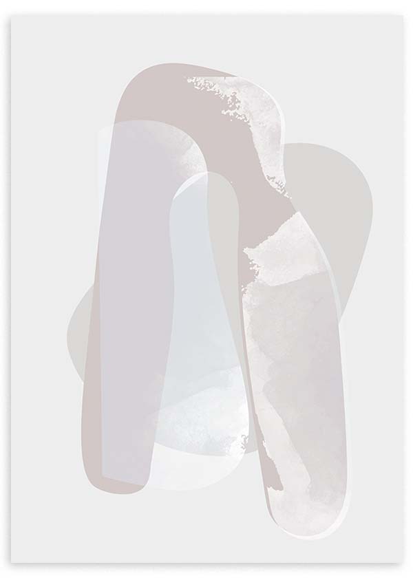 Quadro com formas abstratas orgânicas sobrepostas em bege, cinzento pérola, branco sujo e azul suave, de estilo abstrato depurado para uma decoração de parede tranquila. Disponível em kudeko.com