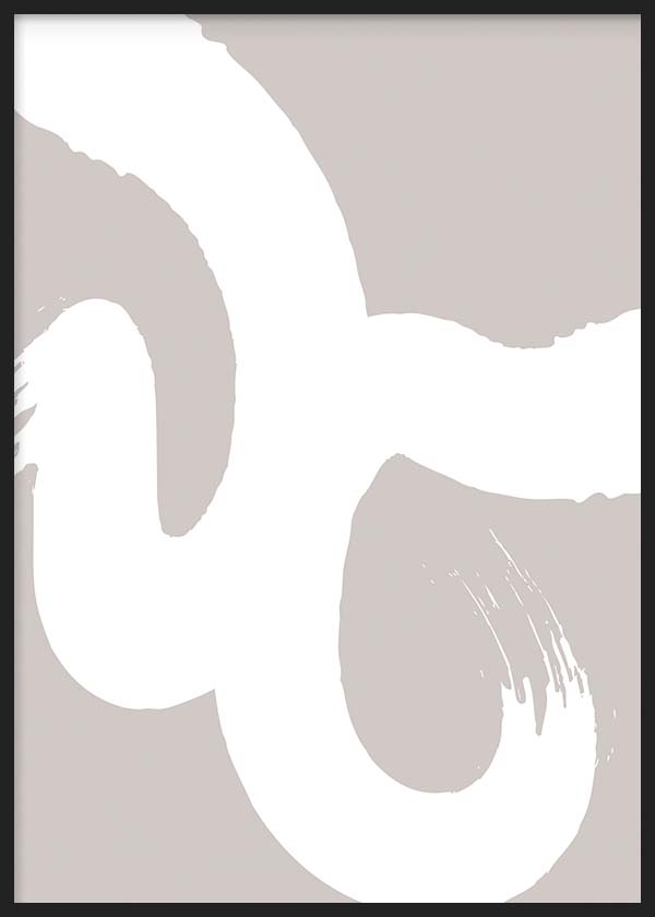 Tableau encadré avec grandes formes courbes blanches sur fond beige taupe doux, composition épurée au style abstrait contemporain pour une décoration murale neutre. Disponible sur kudeko.com