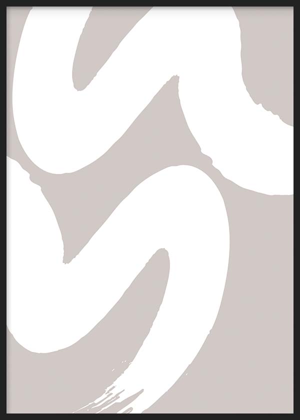 Cuadro con formas curvas abstractas blancas sobre fondo beige taupe, composición orgánica de estilo minimalista y estética serena. Disponible en kudeko.com