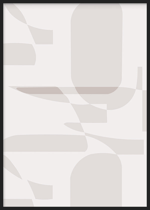 Wandbild mit weichen überlagerten geometrischen Formen in Beige, Sand und Hellgrau, ausgewogener abstrakter Komposition auf elfenbeinfarbenem Hintergrund, im klaren geometrischen Stil. Erhältlich auf kudeko.com